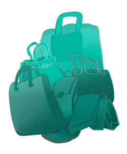 An illustration of several pieces of turquoise-colored luggage.